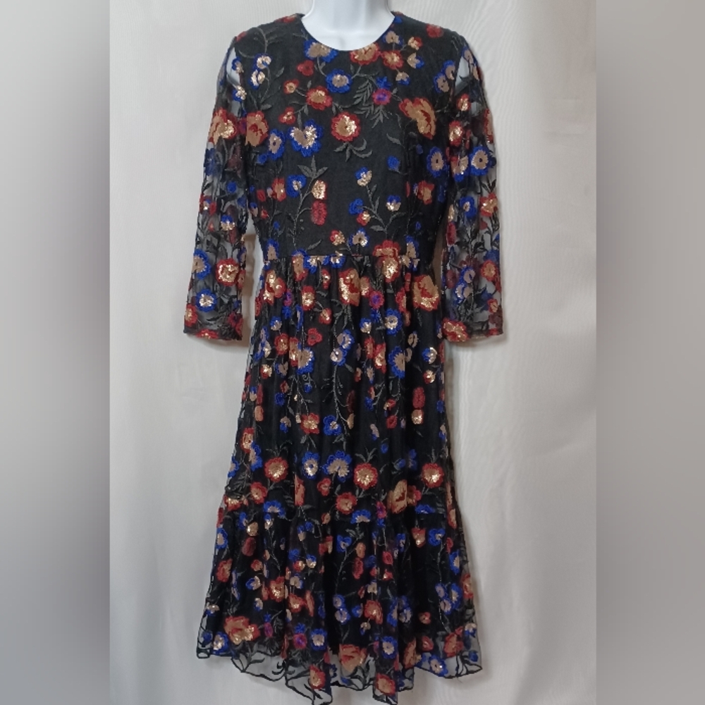 TOUCH Women's Floral Embroidered Sequins Mesh Midi Dress. Size 40 (10/12) - Picture 1 of 13